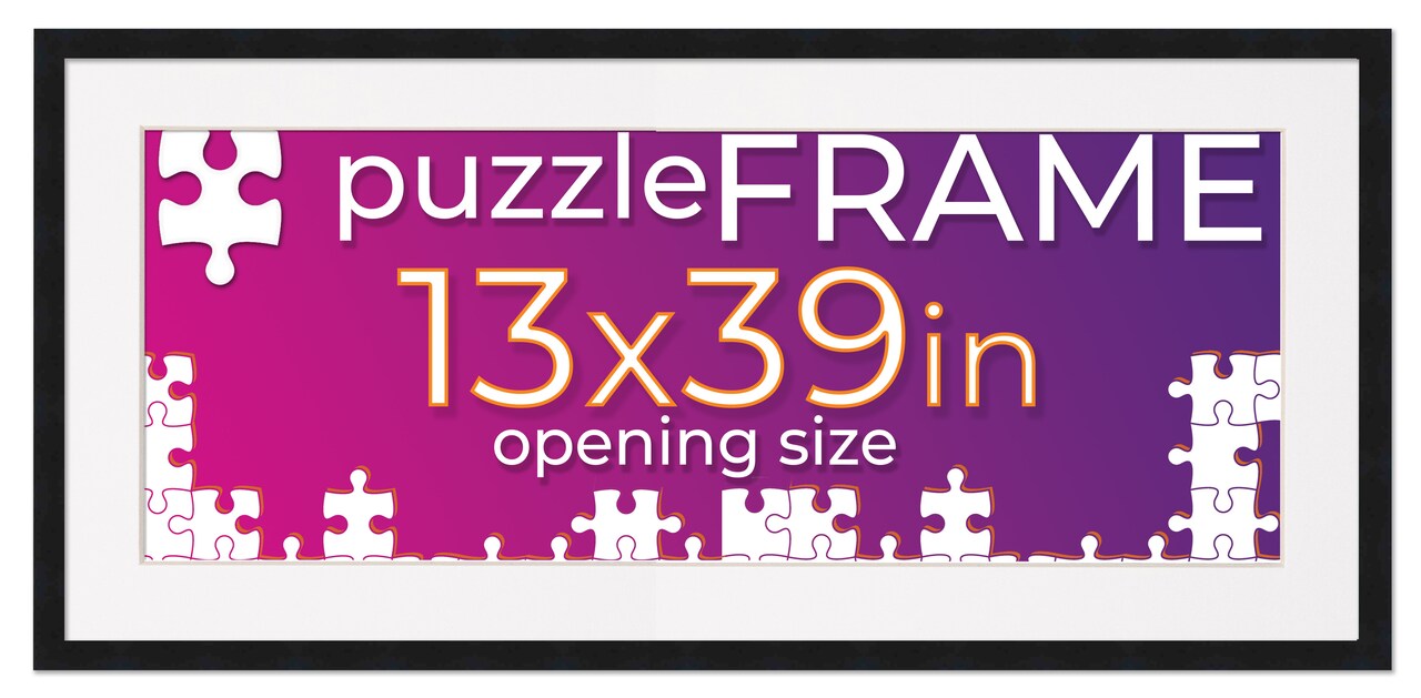 13x39 Jigsaw Puzzle Frame Kit - Kit Includes Puzzle Glue Sheets, Black Wood Puzzle Frame with White Mat, UV Acrylic, Backing,, Hanging Hardware